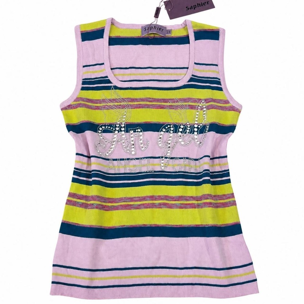 Y2K Pink Saphier Angel Girl Rhinestone Striped Tank Top Size One Fits Medium